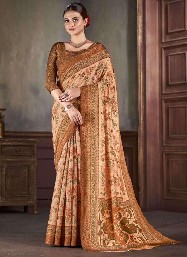 Natural Silk Brown Casual Wear Printed Saree